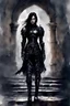 Placeholder: a young black-haired girl in medieval black armor on the castle grounds, dark tones, watercolor, dark fantasy, bad weather, gloomy day, dark world, sketch art, fine lines, grunge, sensual, darkness, by Raymond Swanland & Alyssa Monks & Anna Razumovskaya