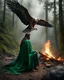 Placeholder: This photography depicts a mystical and magical atmosphere in the forest. A character in a green robe sits on rocky ground, facing a giant eagle that has brown and white feathers, and sharp eyes. There was a bonfire burning brightly between them, creating dramatic lighting and shadows around them. A small bird sits on the character's arm, adding a fantastical element to this image. The background is dark with hints of trees and leaves, creating an enigmatic atmosphere.