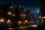 Placeholder: medieval inn, fantasy tow, distant view from streets, sign, night