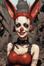 Placeholder: Closeup Tank girl smiling, lying pose, rabbit mask, red and black short hair, latex suit, ragged clothes, fullbody, dieselpunk, valves and old city behind, the perspective looking up from the bottom of an empty well , guts rising from the ground, papercut illustration by <John Kenn Mortensen>, darkred tones,