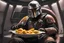 Placeholder: the mandalorian eating mangos in a spaceship