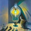 Placeholder: Abstract painting formed by a mix of human flesh-like surgical instruments and universe-like neuralink, a cat looking at a pigeon inside a huge bulb between light and shadow at dusk,surrealism,minimalism,Painting By Adrian Ghenie, Rene Magritte, Salvador Dali, Lucian Freud