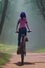 Placeholder: a young girl in blue jeans and a pink shirt riding a bicycle on a dirt path in the forest at midday