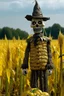 Placeholder: A scarecrow up on his post which is like a cross on a full moon on Halloween in a corn field. He has a pumpkin for a head