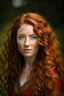 Placeholder: portrait of a beautiful 30 year old highlander woman with long reddish curly hair, curvy body, earthbound, warm-hearted, leader, goddess-like