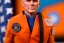 Placeholder: Mike pence G.i. Joe toy doll space force uniform inside a blister package hanging on A rack in toystore, fluorescent orange, wide angle shot whole body, black moonboots,