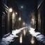 Placeholder: Christmas night A dark alley yalda night, hidden shadows, a street light, puddle of snow
