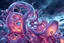 Placeholder: Dynamic complex hypnotic fractal 3D structures twisting and morphing between organic and geometric forms with Symmetry, smooth translucent iridescent glass with inner glow and bubbles, varied transparent materials, stormy skies, intense dramatic