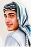 Placeholder: Palestinian young man wearing a keffiyeh, his face is beautiful, he turns his face to the right, he has a slight smile, his mouth is closed and his teeth are not visible, his eyes are looking to the left, he looks drawn with oil colors