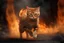 Placeholder: An orange cat with white legs, made of lava, emerges running between fires and smoke, close-up image with many details and high quality