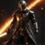 Placeholder: star wars bald male corellian jedi pilot wearing black and gunmetal grey old republic armored flight suit with gold trim, a lone battle-ready Jedi Master defending a ruined city surrounded by golden light, hyperdetailed, dynamic lighting, hyperdetailed background, 8k resolution, volumetric lighting, light skin, fully