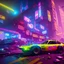 Placeholder: photo quality, unreal engine render, highest quality, stop-motion animation, vivid neon colors, volumetric lighting, cyberpunk 2077, classic car junkyard, deep colors in a dark setting background, post-apocalyptic,