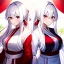 Placeholder: Clear focus, 8k, beautiful lighting, vibrant colors, girl, white hair, long hair, vibrant red eyes, ponytail, same twins, white hair, red eyes, same clothes, miko, hair in between the eyes,