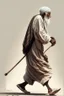 Placeholder: An old man wearing an Arabic keffiyeh, his back bent, walking barefoot, holding his cane upside down, looking back and holding his shoe in his hand.