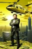 Placeholder: Robert Kiyosaki standing on golden skyskraper helicopters dropping dollar money city burning in background STYLE OF HIROKU OGAI