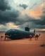 Placeholder: A nuclear submarine left in the desert with sands camels and stormy clouds ,