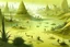 Placeholder: A light yellowish green swamp with bugs in daylight designed in ancient Egyptian hieroglyphics painted by Zhang Lu