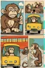 Placeholder: A monkey riding a bus, and a monkey using aa grill, a monkey going to work, and a monkey staying cool, in the art style of Pablo Picasso in a comic book format.