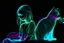 Placeholder: black background, outlines of a holographic contented girl with a cat drawn from thin neon-coloured glowing lines