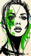 Placeholder: A stylized, abstract portrait of a woman's face, featuring bold black ink lines and splashes of vibrant green paint. The composition captures expressive facial features, highlighting the eyes and lips, with dynamic brush strokes creating a sense of movement and emotion. The background is a soft beige, enhancing the contrast of the artwork.
