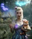 Placeholder: Ultra realistic wonderland photo, happy blonde woman smoking a shisha, blue dress, purple-cat friend, circus dress style, old school tattoo, smoke, marijuana garden, glow eyes, perfect iris, soft color, highly detailed, unreal engine 5, cinematic, ultra detail, volumetric lighting, high definition.