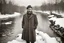 Placeholder: Warszawa 1920-1930, europian poor fit man age 25, looks at the camera at full height, old-fashioned. She has a beard. Warszawa 1920-1930, winter. Retro style full haight. White skin, in a river.