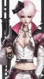 Placeholder: A close picture to blind vampire with white and pink short hair, slave, Tusks, malicious smile, Handcuffs, Weapon handcuffs in dreamshaper finetuned model with dynamic art style witg