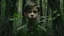 Placeholder: Cinematic Medium shot , oung boy standing in the forest holding plants, in the style of infused nature, video collages, made of veins, detailed face, dark green and white --style raw