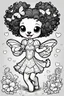 Placeholder: create a coloring page of a chibi puppy with a curly afro ponytails dancing around hearts and butterflies. she smiles while shes playing , black and white