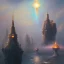 Placeholder: Steampunk scene of futuristic Liberty Statue,galaxian fantasy airships flying over San Francisco Bridge in a cloudy sky,Giant sci-fi super-panzer in the style of John Berkey