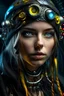 Placeholder: beautiful faced young voidcore biomechanical decadedent woman portrait aorned with liquid silver mercury bioluminescence yellow onix, opal mineral stone textured biomechanical black leather filigree hat headdress wearing goth punk mercury and black steel colour gradient goth black opal chain lace ribbed leather jacket embossed amalgamation florals,opal, obsidian stone pearls ornated hedress organic bio spinal ribbed detail of biomechanical backround extremely dezailed hyperrealistic portrait