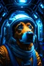 Placeholder: portrait of decisive dog space station commander in the style of giger, spray paint, photo realism, trending on art station, 8k, depth of field, down light, light rays, volumetric, white hall in spaceship, blue, brown and orange