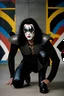 Placeholder: text 'KISS' - head and shoulders portrait, KISS 20-year-old Gene Simmons, black spandex, steel shoulder and chest armor, black cape, studded codpiece, 8-inch platform boots, ponytail, - a multicolored cement wall in the background,