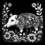 Placeholder: black and white. tapir between seeds and big flowers. black background. for a coloring.