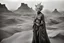 Placeholder: Beautiful blonde brown woman wearing a detailed avant-garde costume, medium-full shot, in misty Arizona quarry Badlands, by Sebastiao Salgado