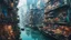 Placeholder: Water-level view of buildings on a canal, made of metal, cyberpunk, many painted colours, floating and flying boats, balconies, bridges, people, shopping, eating, walking, fifth element, ghost in the shell, altered carbon