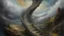 Placeholder: Oil painting, Monumental, spiraling stone staircase rising up into a boundless, enigmatic heavens above a rugged, untamed terrain, vibrant color palette, blurry, muted colors, long exposition motion blur, creative, extremely detailed brush stroke