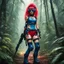 Placeholder: [humid jungle forest] thin blue Tank Girl alien warrior with goggles red boots and corset with ray guns