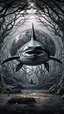 Placeholder: Giant gray shark in a gray background of black vein, human veins, mixing together a lot of them, like a forest, big and small veins a lot of them, crystal balls