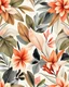 Placeholder: A seamless, abstract botanical pattern with a mirror-symmetry layout. The composition features layered, stylized tropical leaves and floral shapes arranged in an artistic, fabric-texture style. Dominant colors include muted olive green, dusty terracotta, pale blush, charcoal gray, warm beige, soft blue-gray, and faded coral red. The artwork appears painted with soft brushstrokes, giving it a hand-crafted watercolor or gouache feel, with a linen-textured background. The visual effect is organic,