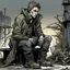Placeholder: man, ethan hawk, sitting, comic book, post-apocalypse, grey background, illustration,