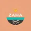 Placeholder: A circular logo with the name (ZAHA) designed for a modern cafe with the sun symbol and turquoise and indigo colors and a combination of a coffee bean and a coffee cup at the bottom of the logo.