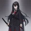 Placeholder: Clear focus, High resolution, long black fluffy hair, blue eyes, wearing a black sailor uniform, red tie, yandere, rough line sketch, dark aura, holding a katana, hair between eyes, 1girl, standing in grey sand