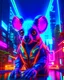 Placeholder: Coloring page: Detailed 3D-rendered koala in a futuristic cyberpunk cityscape, surrounded by neon lights and holographic floral elements, 16:10, 3D art, cyberpunk, neon, vibrant color, futuristic lighting, layered paper composition, Coloring page