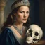 Placeholder: Hamlette, Princess of denmark, asking to herself "be or not to be..." she looks at a skull, she is a warrior in the midst of great emotional turmoil and psychological struggle following the death of his father and the hasty marriage of his mother to his uncle.