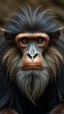 Placeholder: Monkey front view with human look face and long hair and beard looks like an ancient Sumerian gods