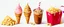 Placeholder: ice cream cones, sundaes, bag of popcorn, iced coffee drink. digital painting on white
