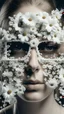 Placeholder: A beautiful face of a woman made out of many smal white flowers, her eyes are covered with a white sunglasses