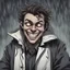 Placeholder: a closeup of a psychopathic young man with white eyes in a heavy coat during a rainstorm laughing cartoon