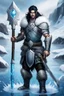 Placeholder: 1 mana warrior, with blue eyes and black hair man in silver Viking armor with fur around the neck with blue crystal on his chest , standing in water in the artic, holding a ice axe, warrior in anime style,